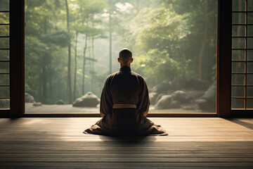 禅僧が自然の中で静かに座禅を組む、光と静寂に包まれた瞑想の情景
