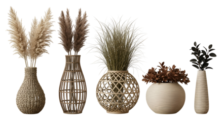 A collection of five decorative vases with dried plants and grasses, isolated on transparent background
