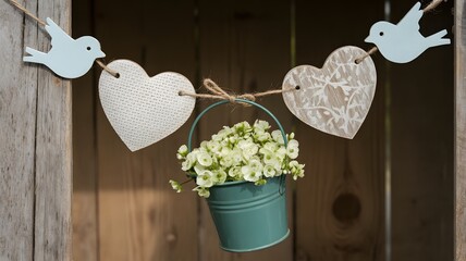 Hanging hearts birds flowers bucket rustic decor cute decoration love romance spring wedding valentine