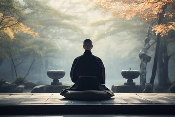 禅僧が自然の中で静かに座禅を組む、光と静寂に包まれた瞑想の情景