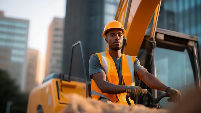 A construction worker operating an excavator to clear debris from streets, highlighting manual labor, engineering equipment, and the technical challenges of post-disaster recovery. cinematic color