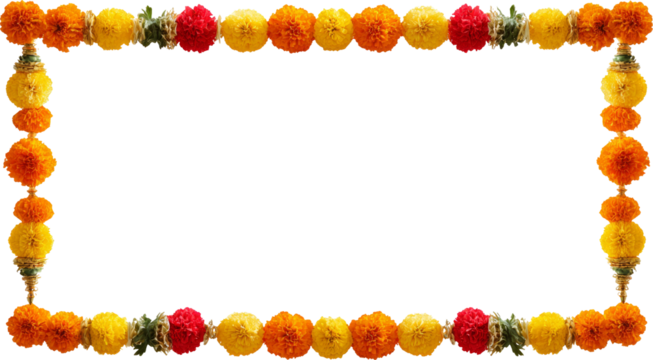 Vibrant marigold flower frame decoration evokes joyful celebration, traditional cultural