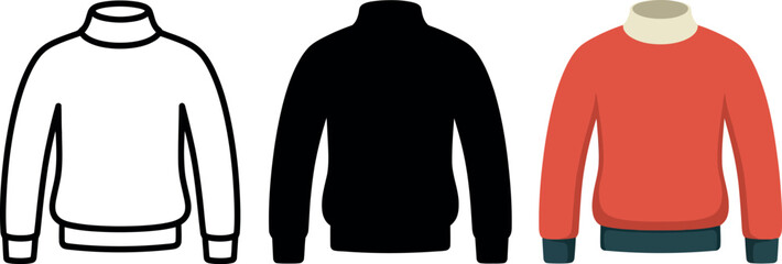 Three Styles of a Turtleneck Sweater Clothing Apparel Fashion Item Black White Red Casual Wear