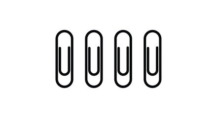 Four simple black paper clips lying side by side in a row on a white surface silhouette