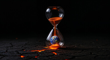 Hourglass with Earth inside and glowing lava cracks time planet