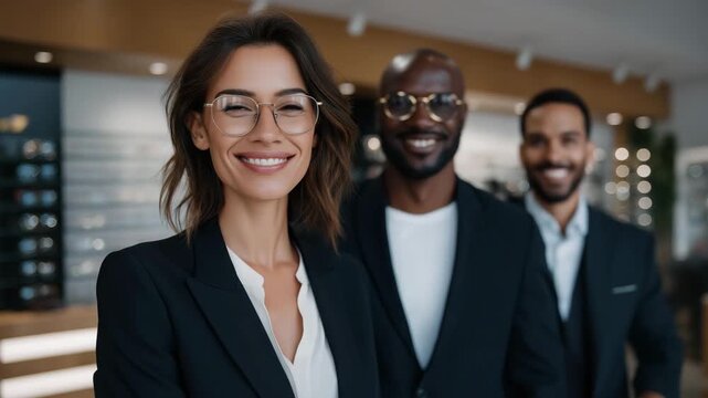 A multicultural team of optical store employees arranging eyeglass displays, symbolizing teamwork, diversity, brand presentation, and the behind-the-scenes coordination in optical retail