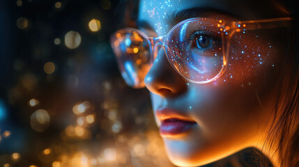 a student using augmented reality to study science at home, vibrant AR holograms