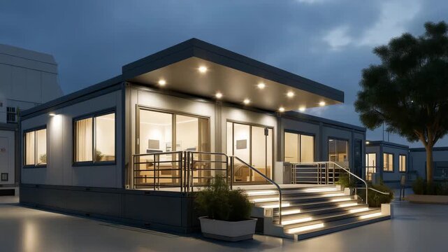 A temporary modular housing area established for displaced families, representing social support, crisis management, innovation, and adaptability in disaster response. cinematic color correction,