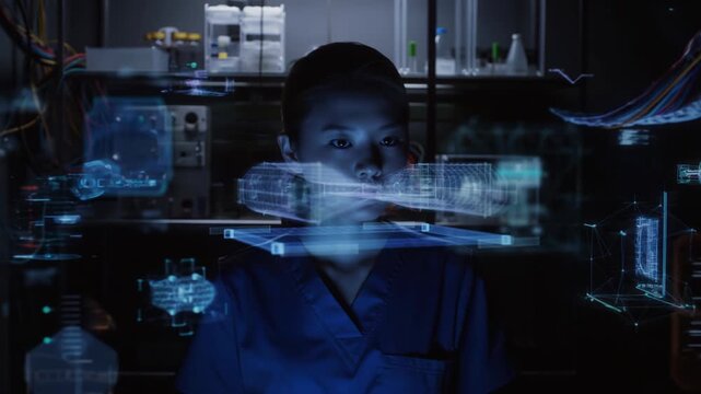 A young engineer works late in a dimly lit lab, illuminated only by holographic blueprints. The camera moves from a close-up of her focused eyes to a slow pull-back showing floating 3D models
