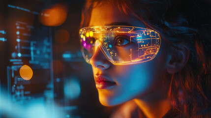 a student using augmented reality to study science at home, vibrant AR holograms
