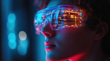 a student using augmented reality to study science at home, vibrant AR holograms
