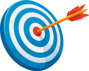 Arrow hits target bullseye, achieving perfect goal and feeling successful