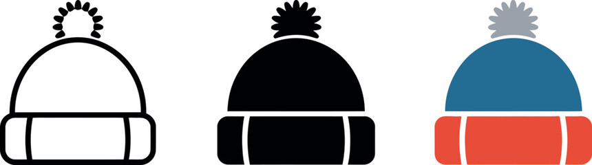 Vector illustration of three winter hats in different styles and colors for cold weather fashion