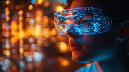 a student using augmented reality to study science at home, vibrant AR holograms