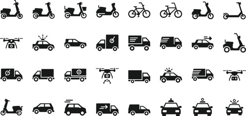 Collection of various transportation and delivery vehicle icons including scooters cars drones and trucks isolated on transparent background