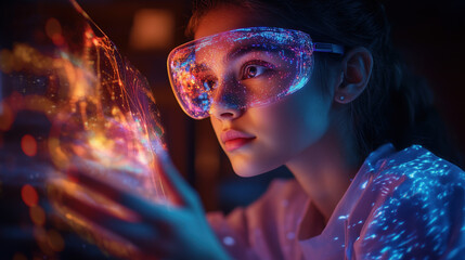 a student using augmented reality to study science at home, vibrant AR holograms