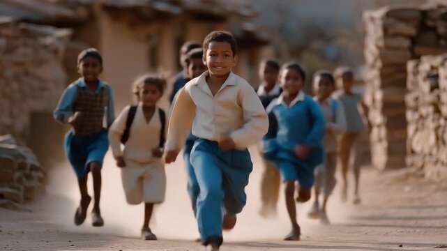 A group of local children returning to a reopened school after reconstruction, symbolizing hope, education, normalcy, and the future of restored communities. cinematic color correction, gentle