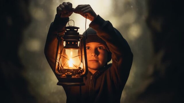 Curious child holding lantern illuminates dark forest path in magical evening exploration