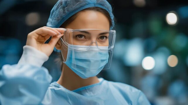 A healthcare worker adjusting a protective gown and face shield in a sterile preparation area, symbolizing infection prevention, safety procedures, and adherence to medical protocols. cinematic