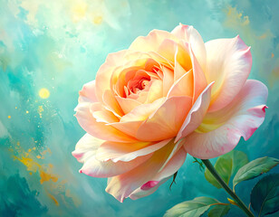 Soft peach rose with dreamy teal background and golden light