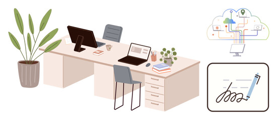 Office desk with laptops, chairs, potted plant, digital connectivity diagram, and signing document concept. Ideal for remote work, productivity, technology, networking digital workflow e-signature