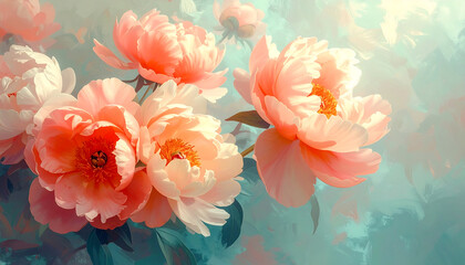 Soft focus coral peonies in gentle light