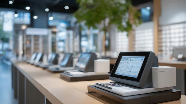 A row of modern digital refractometers and diagnostic tools in an optical store, symbolizing technology, medical precision, and the innovative foundation of contemporary eyewear retail. cinematic