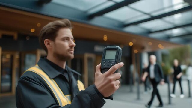 A security guard using a handheld metal detector at a public venue entrance, highlighting safety screening, modern technology, and the proactive prevention of risks in crowded areas. cinematic