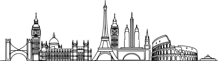 Fototapeta premium Time Warp Minimalist Skyline Silhouette: Continuous Line European Architecture Vector