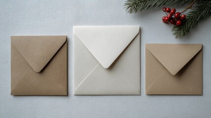 Festive greeting envelopes with pine branches and red berries for holiday correspondence,National Letter Writing Day