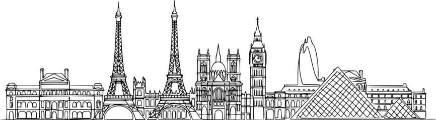 Obraz premium Time Warp Minimalist Skyline Silhouette: Continuous Line European Architecture Vector
