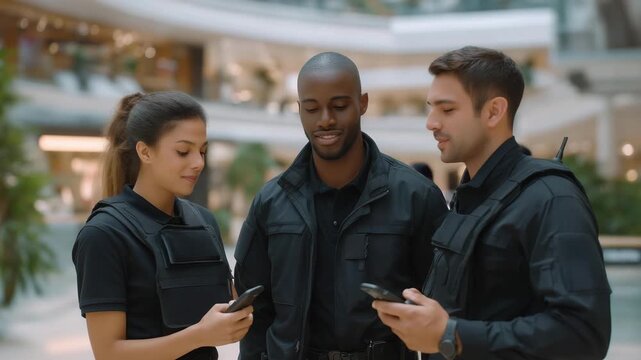 A team of diverse security personnel exchanging information over handheld radios in a large shopping mall, representing communication, teamwork, and multicultural collaboration in security