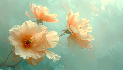 Soft peach peonies bloom against a dreamy teal background