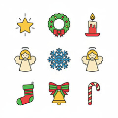 A flat minimal icon set featuring classic Christmas symbols such as stars, candles, wreaths, and angels, perfect for traditional holiday projects, Ai Generate.