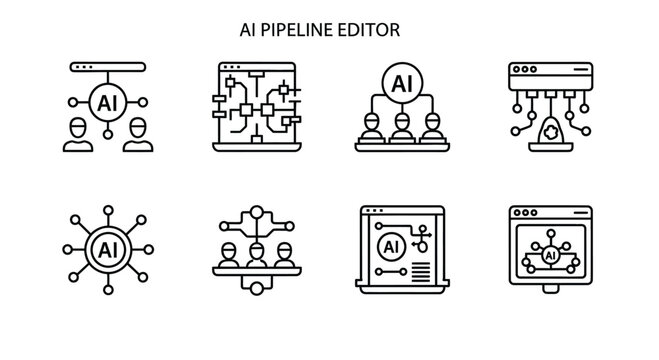 Ai pipeline editor icons isolated on white background, around 70 characters