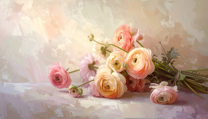 Soft pink and peach ranunculus bouquet with delicate lace