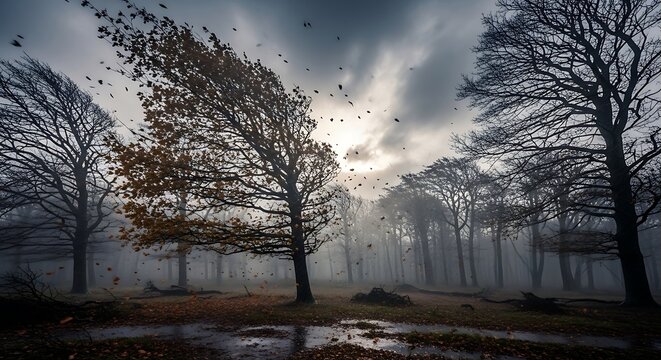 Autumnal trees blowing in wind under dramatic cloudy sky