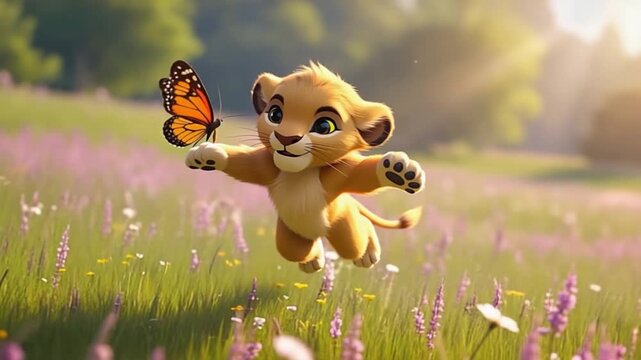 Cartoon lion cub playing with a butterfly in a field of flowers on a sunny day in a meadow lion video