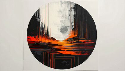 Abstract oval painting of fiery cityscape with vertical lines