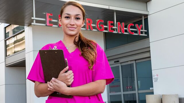 AI generated video clip of a young female Hispanic nurse with a friendly smile standing outside the entrance to a hospital Emergency Room