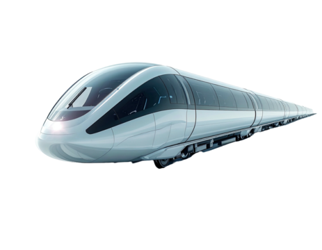 A modern, streamlined train design, floating above the track, with clean lines, transparent windows
