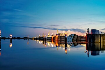 Ems barrier near Gandersum at dusk, East Frisia, Lower Saxony, Germany