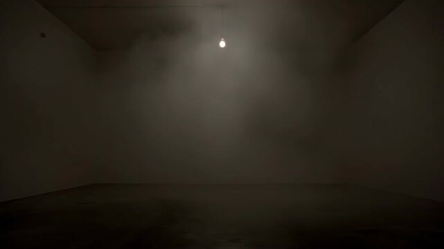 Dark room with hanging light bulb gradually filling with smoke creating a scary horror atmosphere, footage