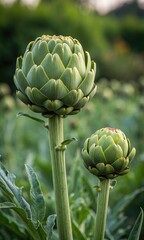Fototapeta premium Two Fresh Green Artichoke Buds Growing in a Vibrant Field Under Soft Natural Light