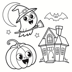 Halloween Coloring Page  Cute Pumpkin, Ghost, Witch, Bat & Haunted House coloring page