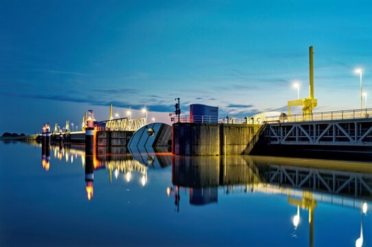 Blue hour at the Ems barrier near Gandersum, East Frisia, Lower Saxony, Germany
