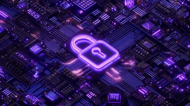 Digital security concept illuminated padlock on computer circuit board