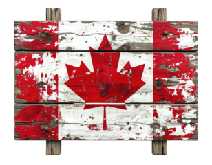 Aged, wooden plaque displaying a weathered flag with a distinctive red maple leaf emblem