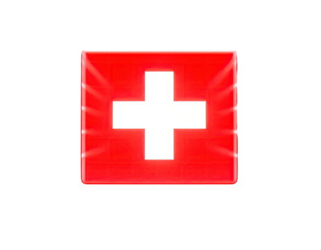 A glowing, rectangular symbol, red background with a white cross in center, isolated against black