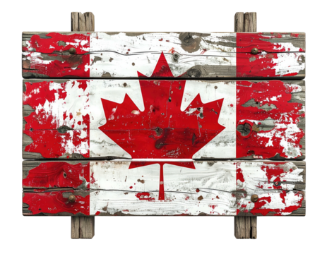 Aged, wooden plaque displaying a weathered flag with a distinctive red maple leaf emblem